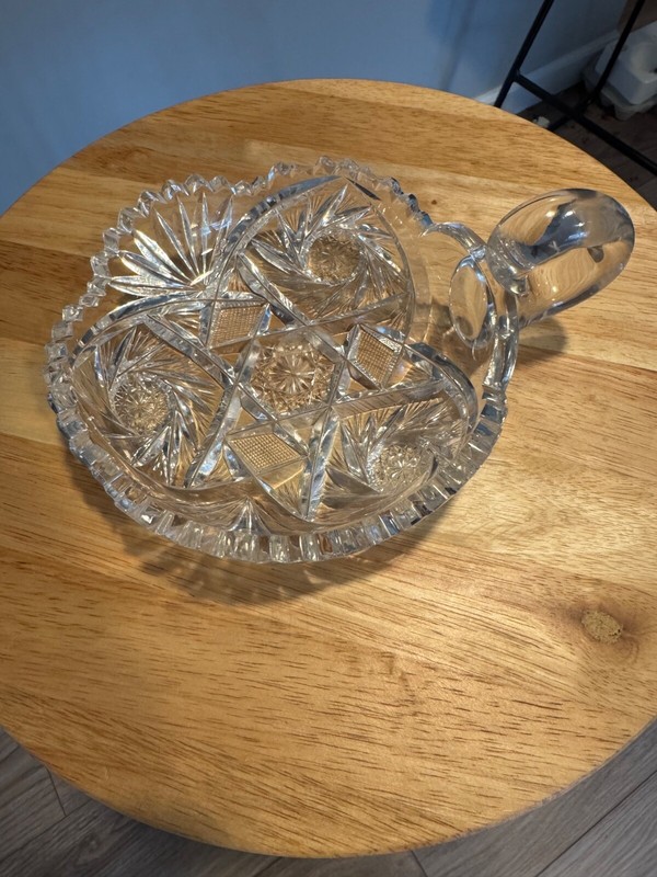 Vintage 1950’s Deep “American Brilliant” Cut Lead Crystal Candy Dish With Handle