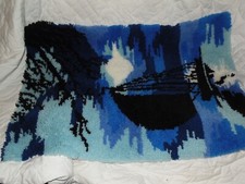 Vintage Latch Hook Rug Wall Hanging Sailboat Boat Blue 36x24