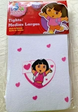 NIP Dora The Explorer Nylon Tights White W/ Pink Heart Pattern Size 4-6 Girl