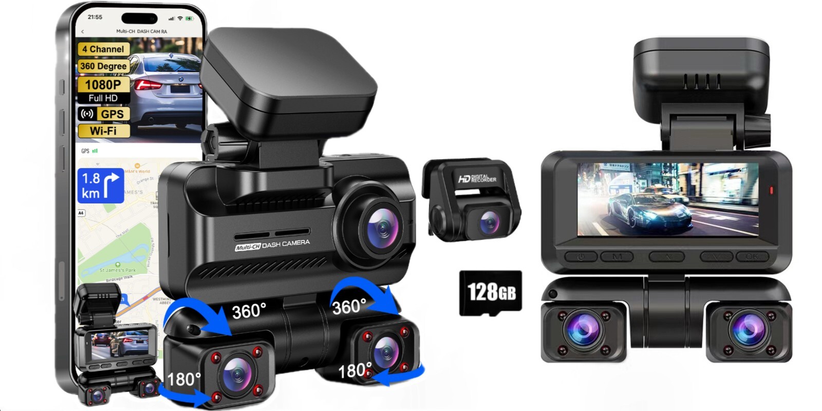 4 Channel 360° 4K HD Wi-Fi GPS Dash Cam with 24H Parking Mode & 128GB Card-image