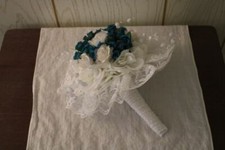 Wedding Bouquet with Teal  White Silk Flowers - Handmade