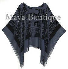 Black Maya Matazaro Layered Poncho Top Burnout Velvet & Chiffon Made In USA