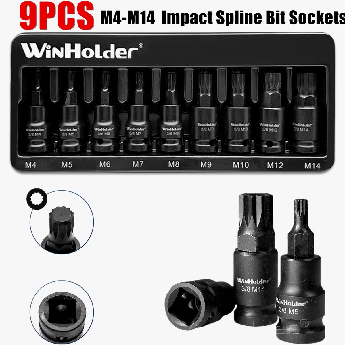 WinHolder Industrial Impact Spline Bit Sockets M4-M14 Socket Set 3/8
