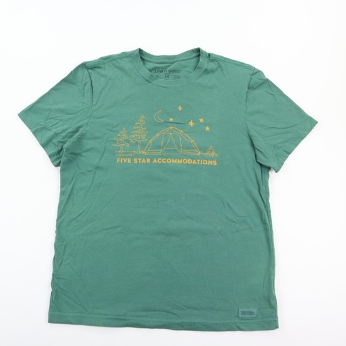 Life is Good Crusher Tee T-Shirt Men's Medium Green Camping Stars Tent Trees