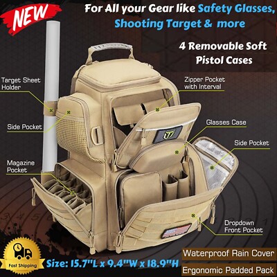 Tactical Range Backpack Ammo Gun Storage Bag 4 Pistol Case Waterproof ...