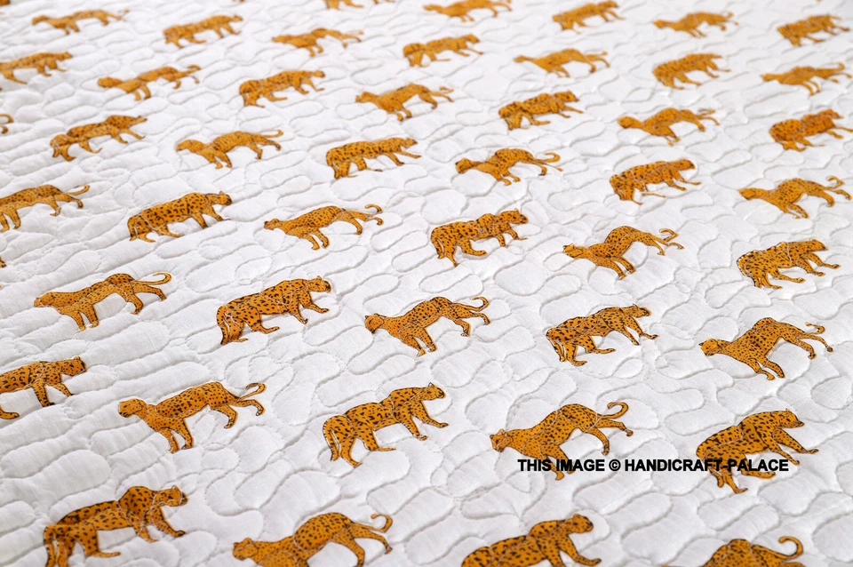 Leopard Kantha Quilt Throw Handmade Cotton Indian Bed Sofa Blanket Peach 70" - Image 3 of 4