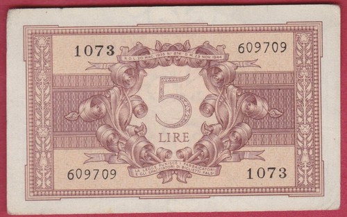 R* ITALY 5 LIRE 1944 P-31c VF DETAILS #5622 - Picture 2 of 2