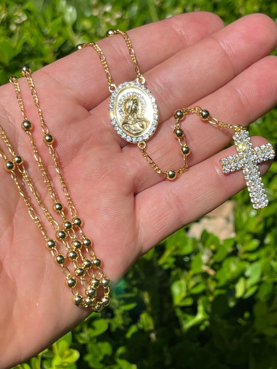 Rosary Beads Iced Cross Necklace Gold Plated Real 925 Silver