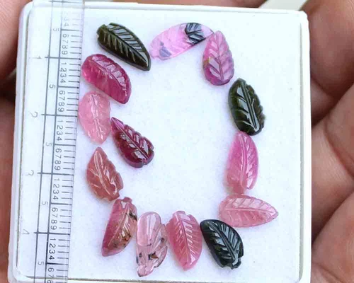 16.20 Cts Natural Green Brazilian Tourmaline Leaf Carving Loose Gemstone 14 Pcs