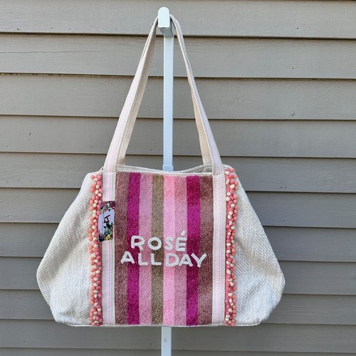 America and Beyond ROSE ALL DAY Tan Pink Large Tote Shoulder Beach Bag New - Picture 5 of 11