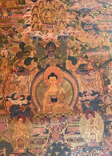 BUDDHA LIFE/WHEEL OF LIFE MANDALA OLD OIL- VARNISHED TIBETAN THANGKA PAINTING - Picture 9 of 10