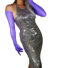 Women Matte Purple Rubber Long GLOVES Extra Thin Elastic Faux Leather LATEX 70cm