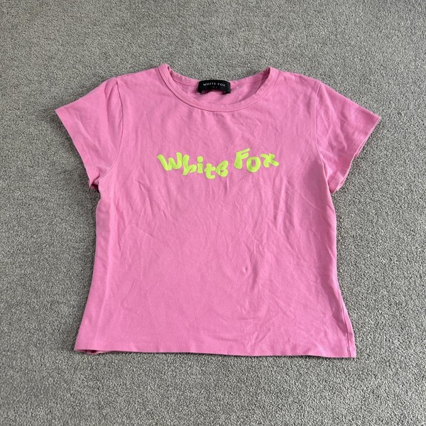 White Fox Logo T-Shirt Sz L Pink Graphic Short Sleeve Stretchy Crop Y2K Baby Tee