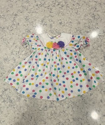 Vintage Bonnie Baby Girls White Multicolor Polka Dot Party Dress Puff Sleeve