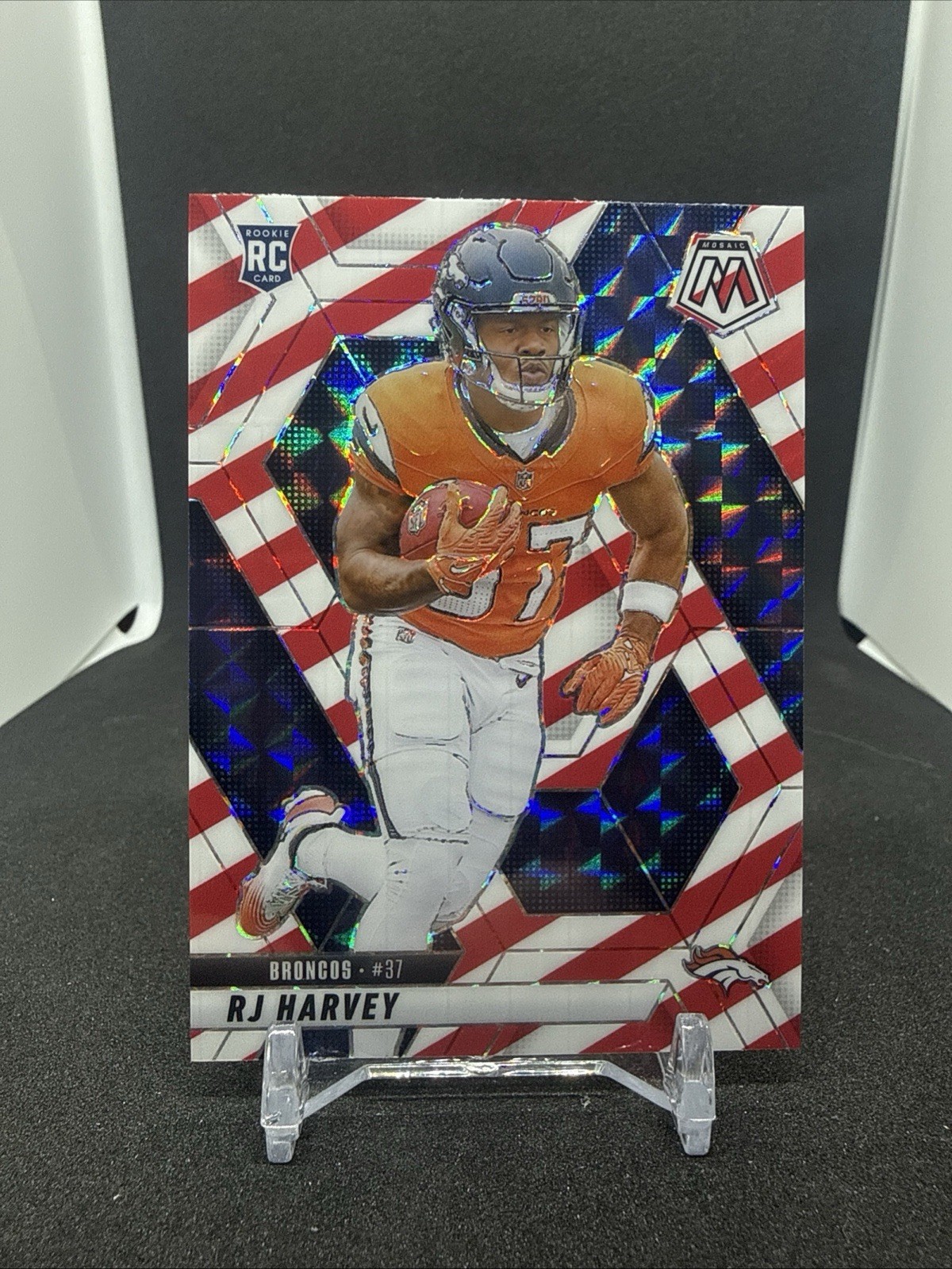 2025 Panini Mosaic Red And White Stripe Prizm RJ Harvey RC No. 375 Broncos