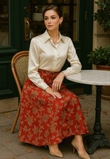Vintage Floral Cottagecore Red Skirt Button-down A-Line Size 12 Retro Formal
