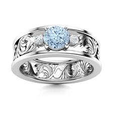 Unique Wedding Band 5 MM Round Aquamarine 925 Sterling Silver Filigree Ring