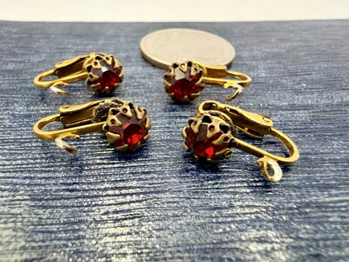 2 Pairs Salvaged Gold Red Rhinestone Clip On Earrings Findings Jewelry Making