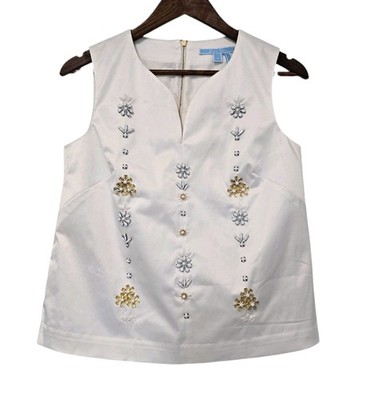 Draper James Jeweled Sleeveless Split Neck Blouse Top Small Wedding Beach Travel