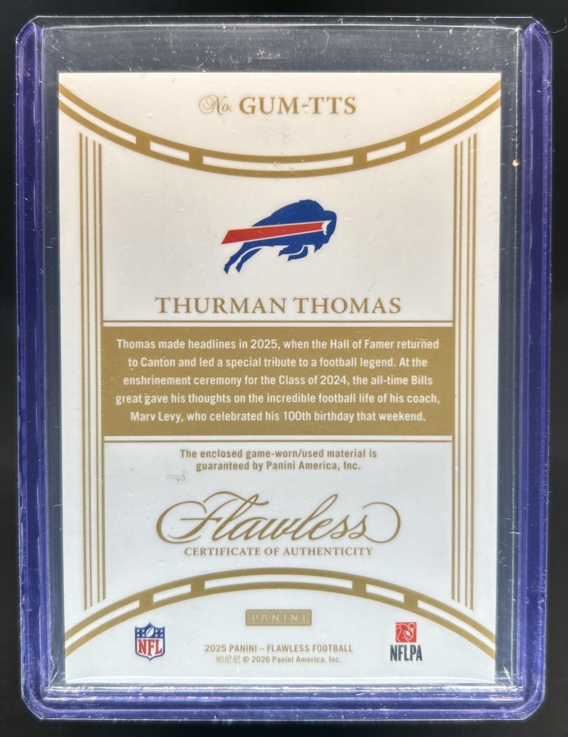 2025 Panini Flawless Thurman Thomas Game Used Memorabilia Patch Platinum #1/1 view 2