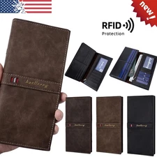Mens Leather Long Bifold Checkbook Cover Wallet RFID Blocking Card Pocket Holder
