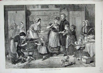 Original alter antiker Druck 1874 Weihnachten Vikar Kinderhaus Katzenspielzeug 19.