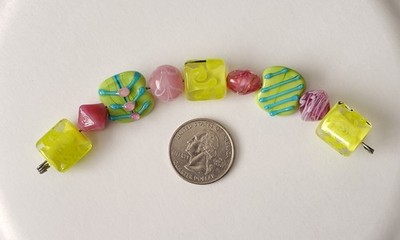 Handmade Green Yellow Pink & Blue Lampwork Glass Bead Set Georgous (B3)
