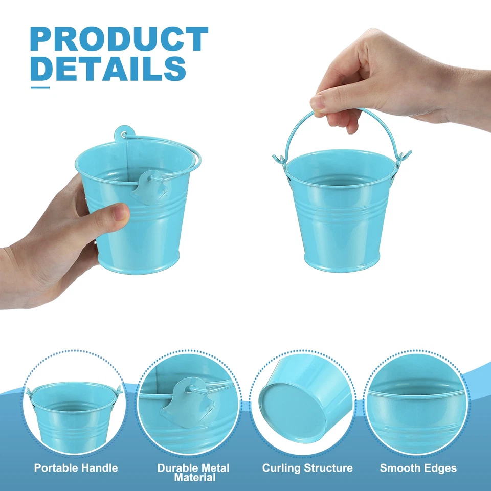 6 piezas cubos pequeños de metal de 2,7"x2,3" con mango mini cubo galvanizado azul Foto 3 de 4