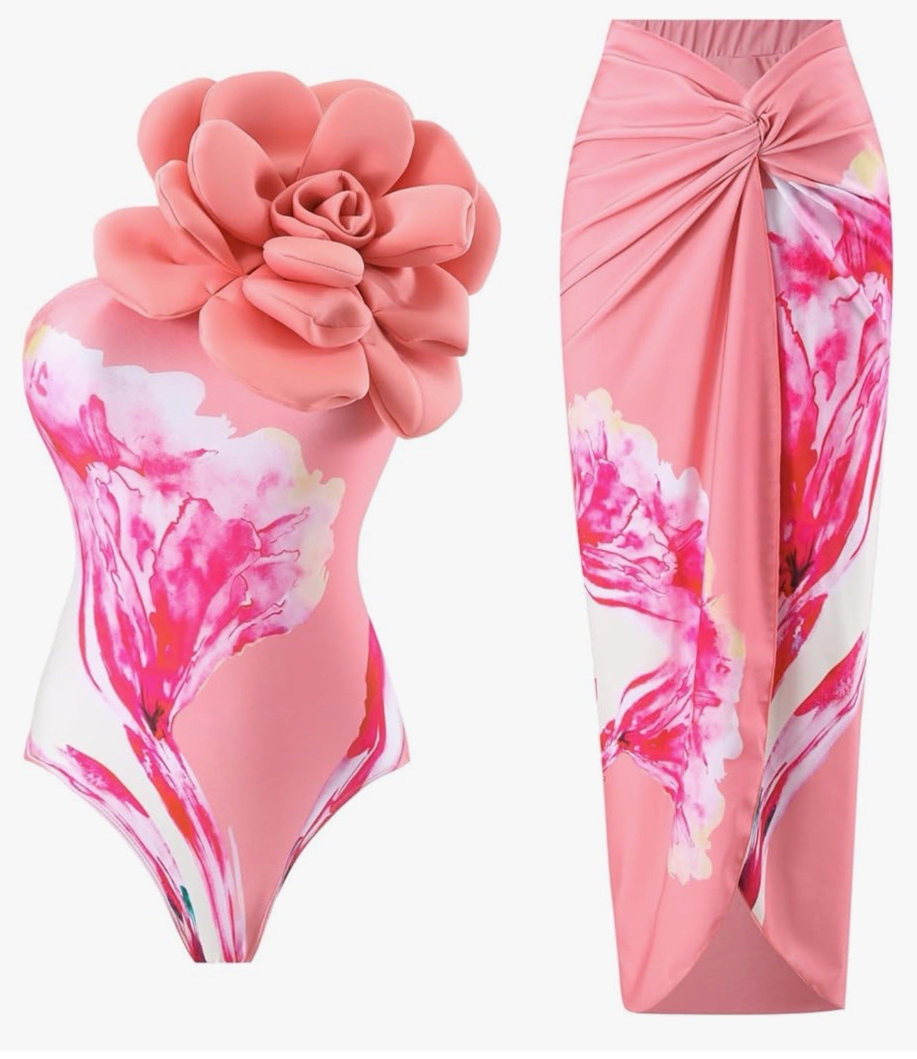 Women's Peach Pink 3D Flower Swimsuit One-Piece with Matching Wrap Skirt Size Large