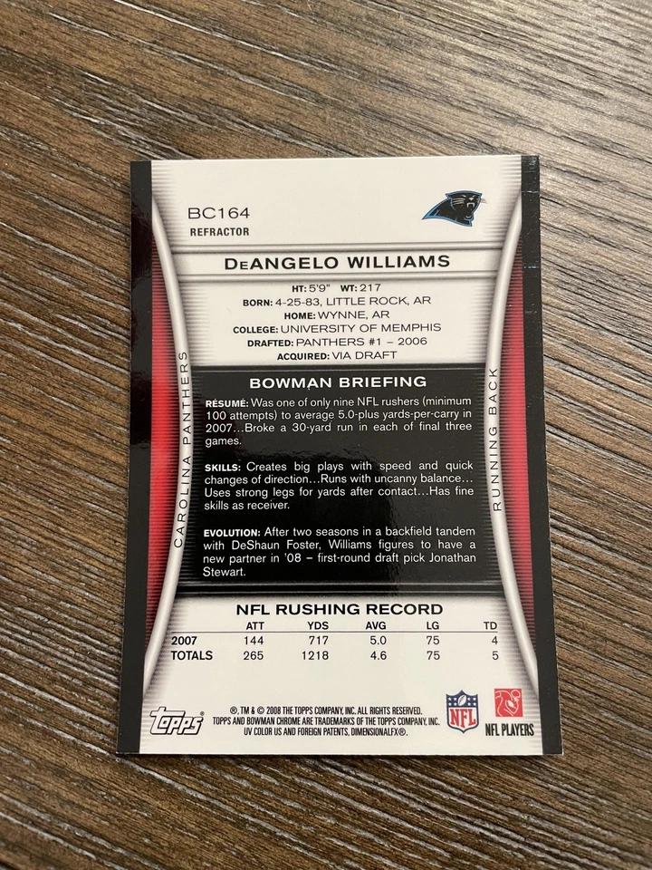 2008 Bowman Chrome #BC164 DeAngelo Williams Refractors - Image 2 of 2