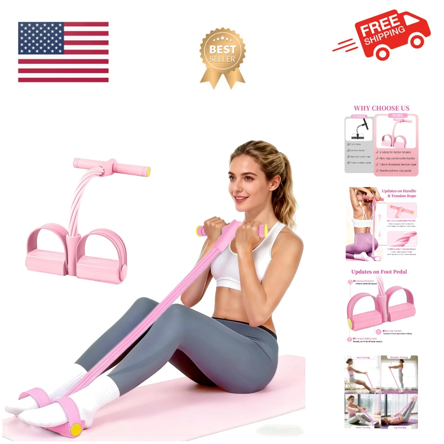 Pedal Resistance Bands with Handles, Upgrade 6-Tubes Manual Tension Training ...