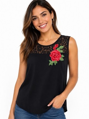 Adele & May L Black Lace Floral Embroidered Sleeveless Tank Top