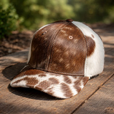 Handmade Cowhide Leather Hat Black and White Hair On Baseball Cap Western Style
