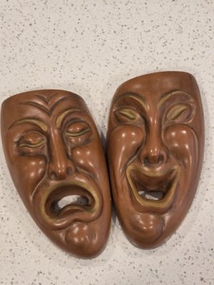 Vintage Signed Angeli 1973 Comedy Tragedy Theater Mask Pair Ceramic