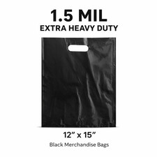 12x15 Black Merchandise Bags 1.5 Mil Extra Heavy Duty Die Cut Handle 50-500