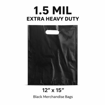 12x15 Black Merchandise Bags 1.5 Mil Extra Heavy Duty Die Cut Handle 50-500