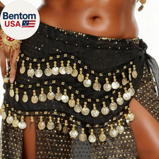 Hip Scarf for Belly Dancing, Women'S Belly Dance Scarf with 128 Gold Coins Skirt