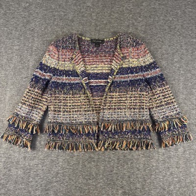 St. John Jacket Womens 4 Multicolor Tweed Boucle Fringe Open Front Made USA
