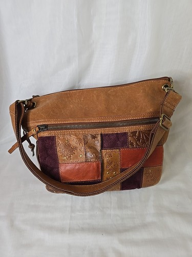 Fossil Patchwork Brown Leather Crossbody Bag Purse Shoulder Boho Purple Red Tan - Picture 13 of 16