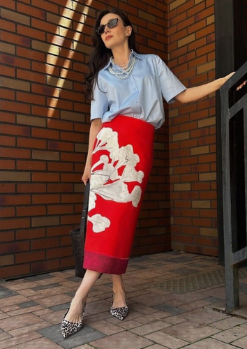 ZARA Red & White Floral Linen Blend Pencil Midi Skirt Size S 2394/161 - Picture 15 of 23
