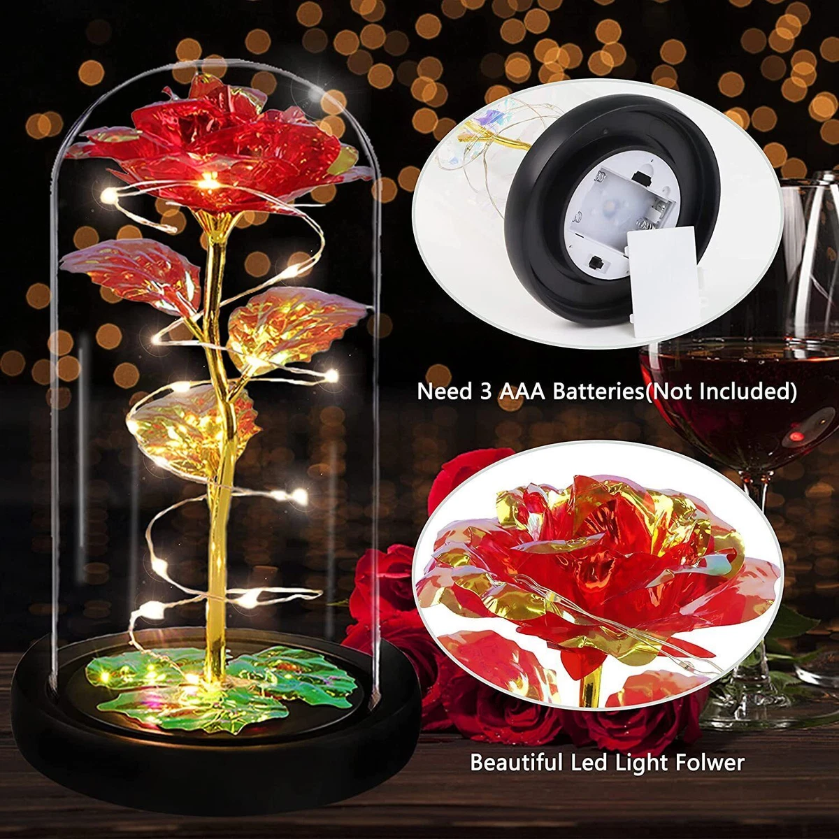 Galaxy Rose In Glass Dome With LED Light - Eternal Forever Flower Gift For Mom, Wife, Birthday & Anniversary