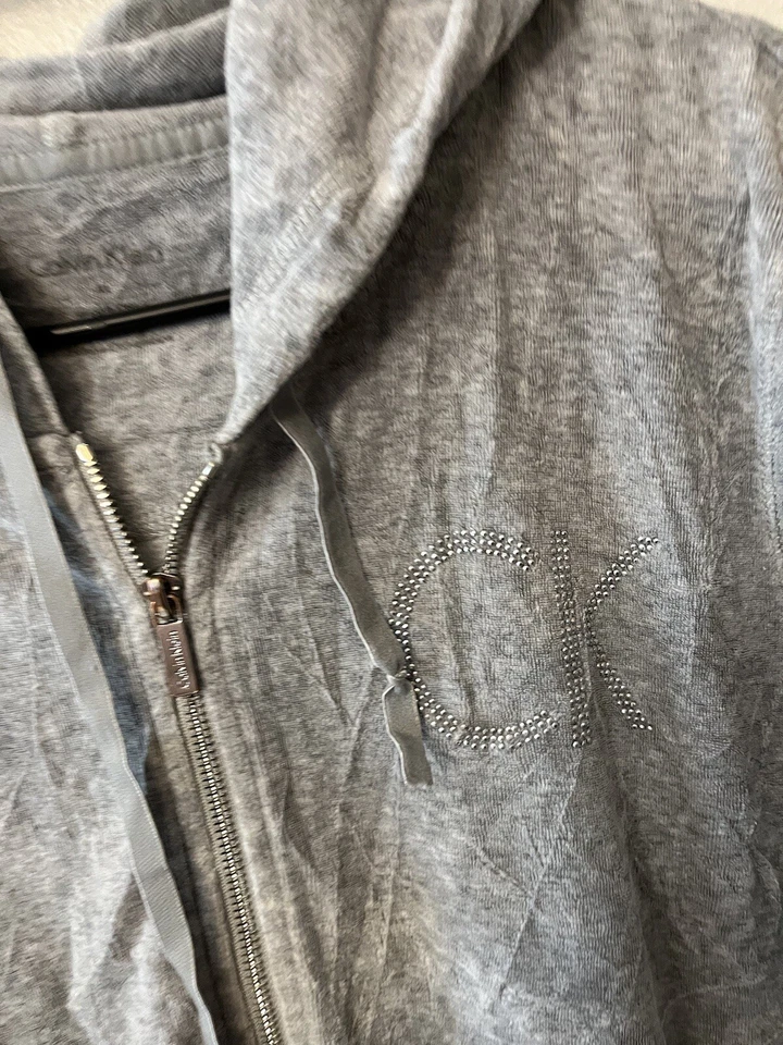 Calvin Klein Women's Rhinestone Logo Velour Hoodie Size XL Gray - Image 3 of 4