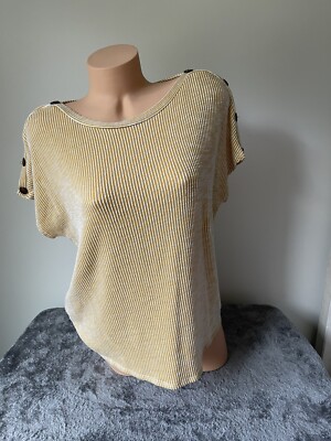W5 Top Womens XL Yellow White Stripe Short Slv Granola Cute Buttons 3874 Boho