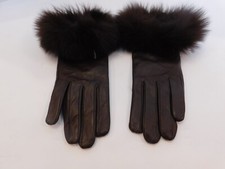 DESIGNER LADIES BROWN LEATHER WINTER GLOVES POLYESTER LINING FAUX FUR SIZE MED