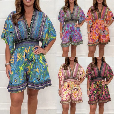 Damen Boho-Overall Urlaubs-Strampler Shorts Lockerer Sommer-Overal J▽ - Bild 1 von 4