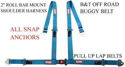 BUGGY 4 POINT 2'' SEAT BELT ROLL BAR MOUNT HARNESS ELECTRIC BLUE CLIP IN
