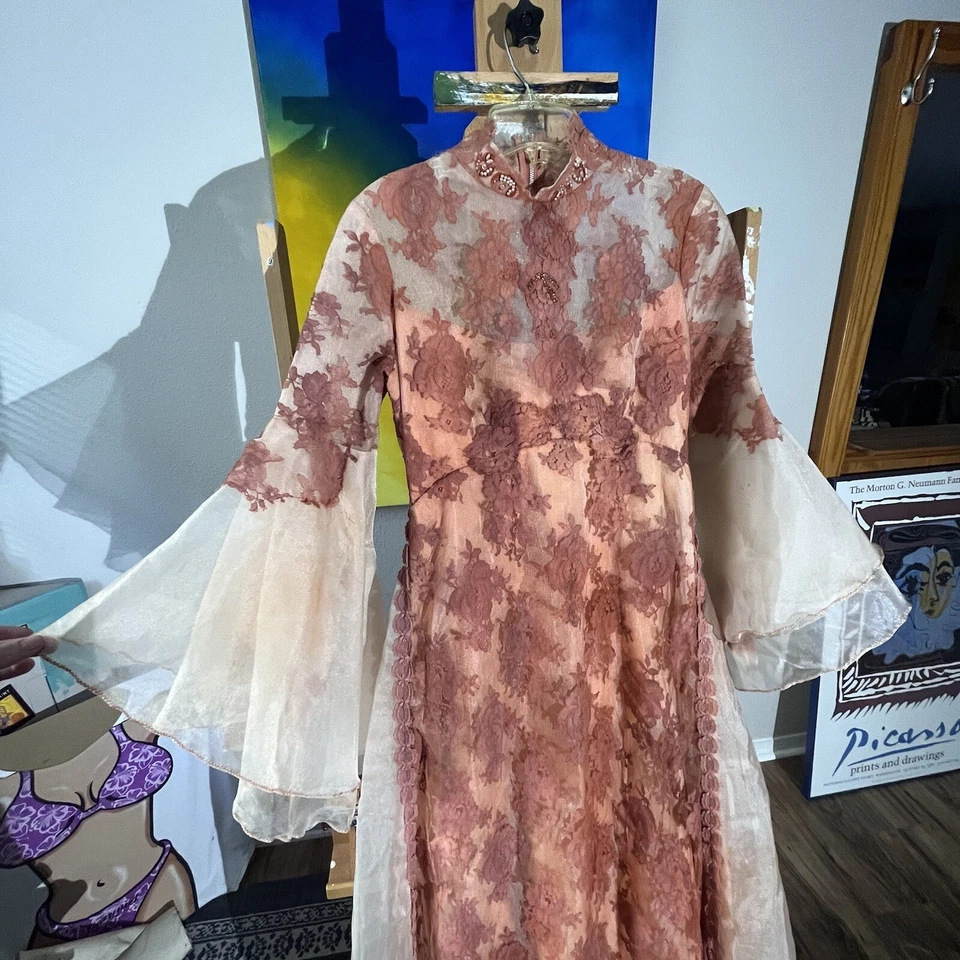 Vestido de encaje de boda vintage de organza rosa Edythe Vincent Alfred Angelo Foto 4 de 4