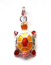 P156 ORANGE AND YELLOW ENAMEL STERLING SILVER TURTLE PENDANT CHARM 