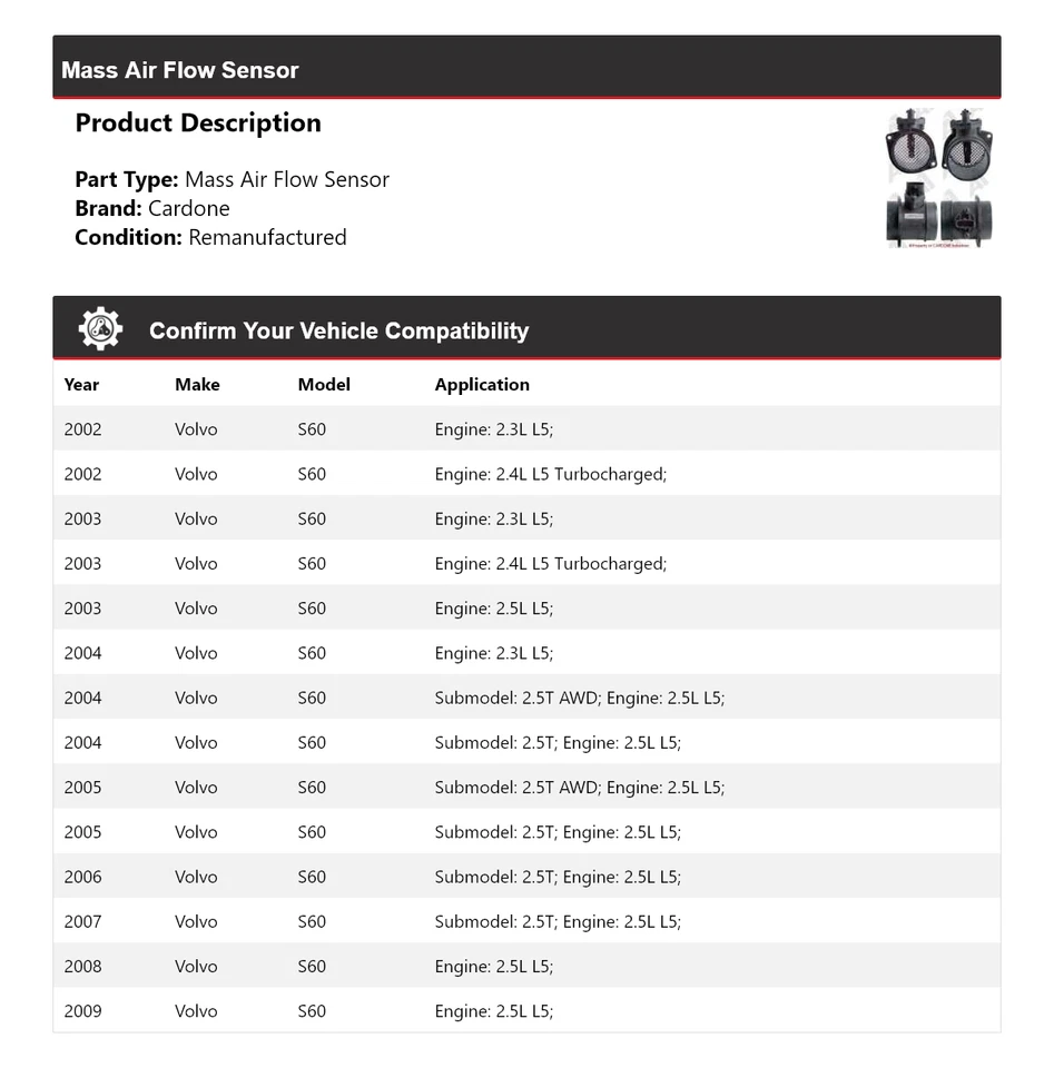 Sensor de flujo de aire masivo Cardone 2003 2004 2005 2006 2007 Volvo S60 2002-2009 Foto 2 de 4