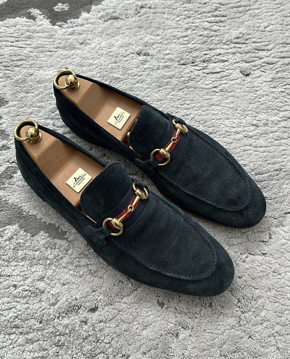 Authentic Gucci Web Gold Horsebit Blue Suede Mens Loafer US9 EU42